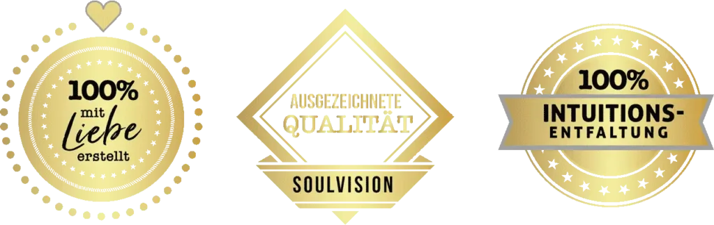 Drei Jacqueline Le Saunier Guetesiegel: 100 Prozent mit Liebe erstellt, Ausgezeichnete Qualitaet, 100 Prozent Intuitions-Entfaltung