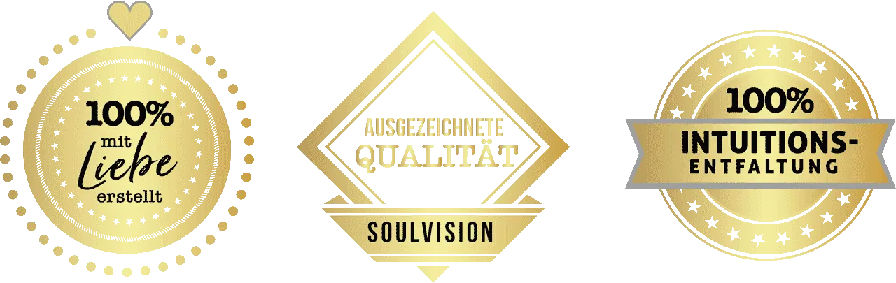 Drei Jacqueline Le Saunier Guetesiegel: 100 Prozent mit Liebe erstellt, Ausgezeichnete Qualitaet, 100 Prozent Intuitions-Entfaltung